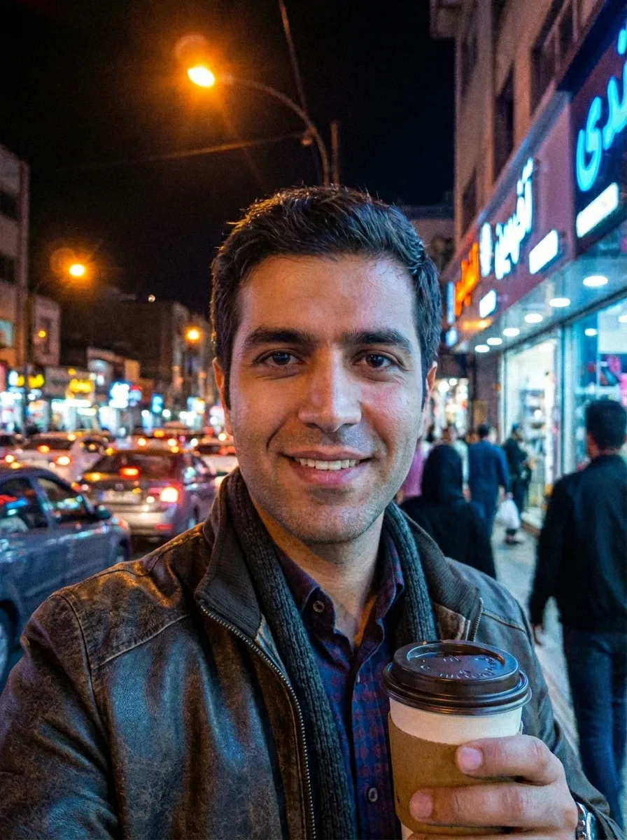 Original selfie input — man holding a takeaway coffee cup in the city at night